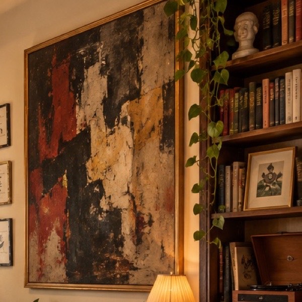 Detalhe do consultório: livros, discos e uma obra de arte